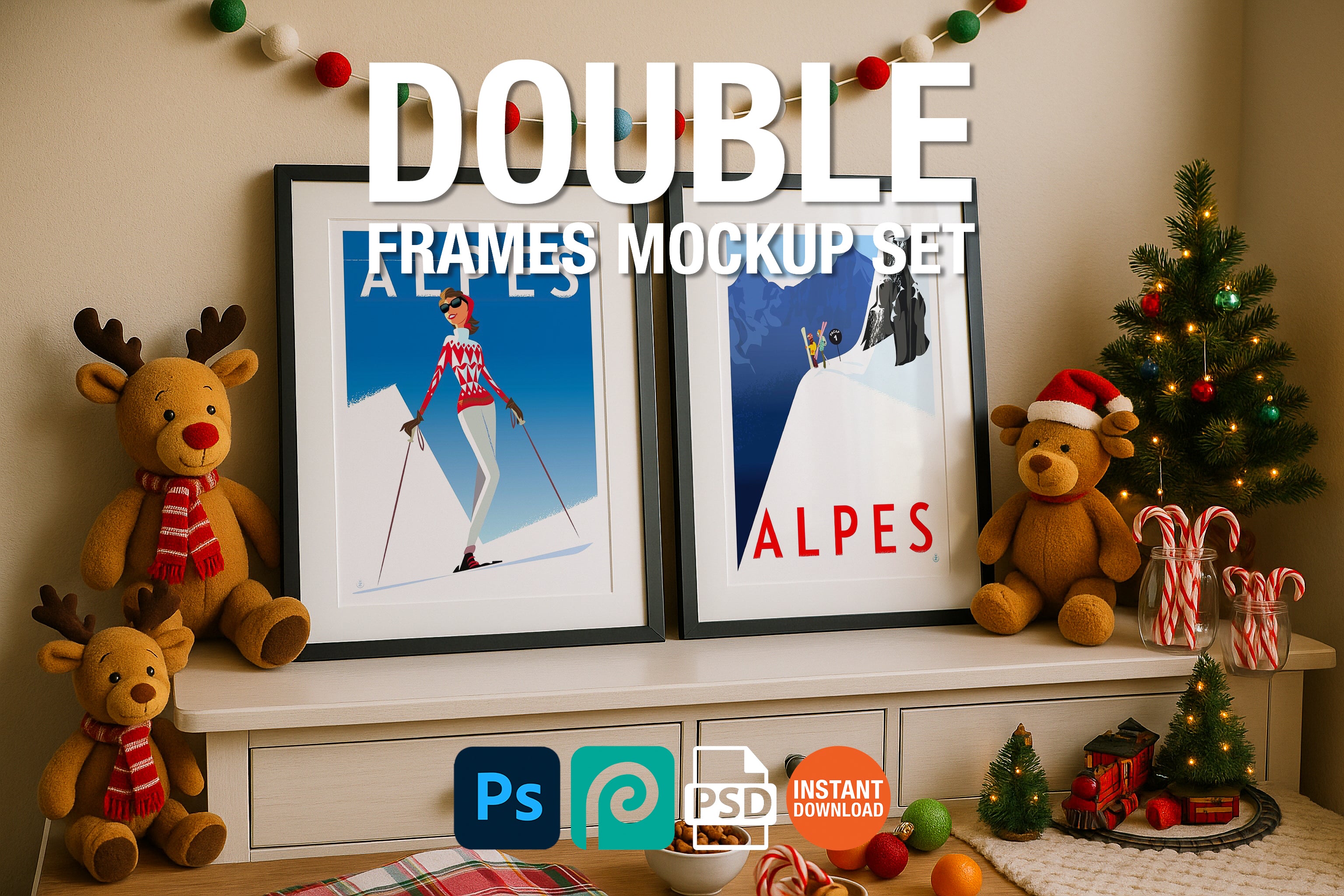 2 Frame Christmas Mockup Festive Wall Art Digital Poster Display PSD Download