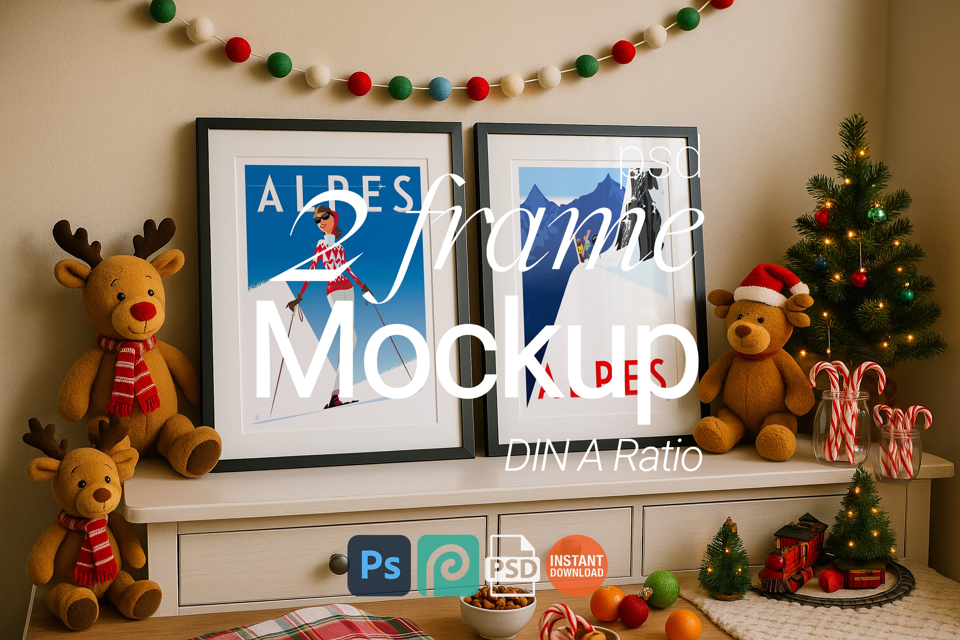 2 Frame Christmas Mockup Festive Wall Art Digital Poster Display PSD Download