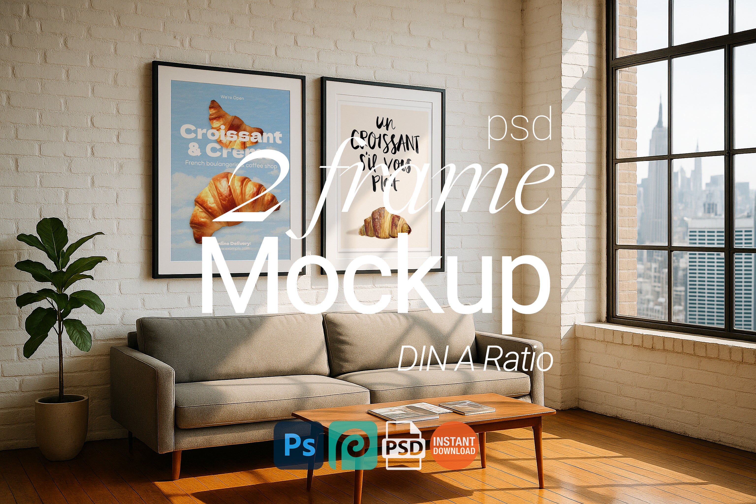 2 Frame Mockup Industrial Loft Poster Display Brick Wall Art PSD Digital Download