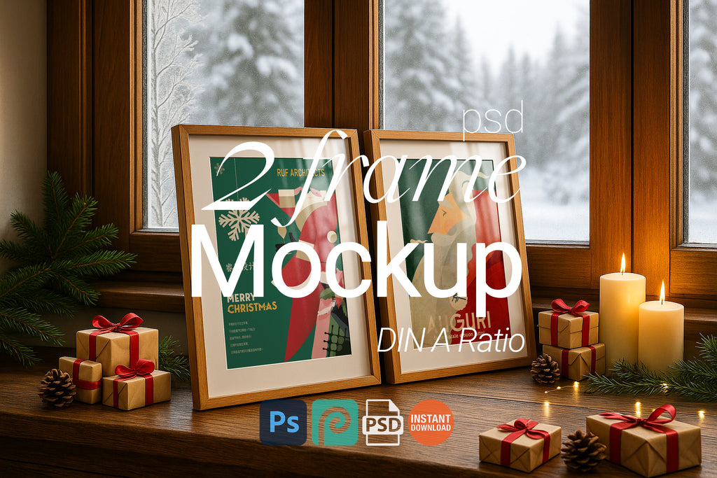 Two wooden picture frames on a cozy windowsill decorated with Christmas gifts, candles, pinecones, and festive greenery against a snowy winter backdrop.
