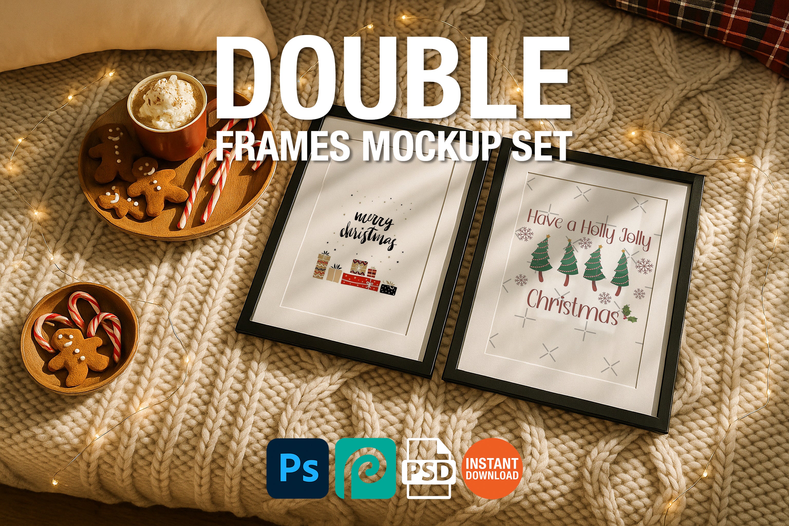 Two black picture frames on a chunky knit blanket styled with Christmas gingerbread cookies, candy canes, fairy lights, and hot cocoa for a festive holiday scene.