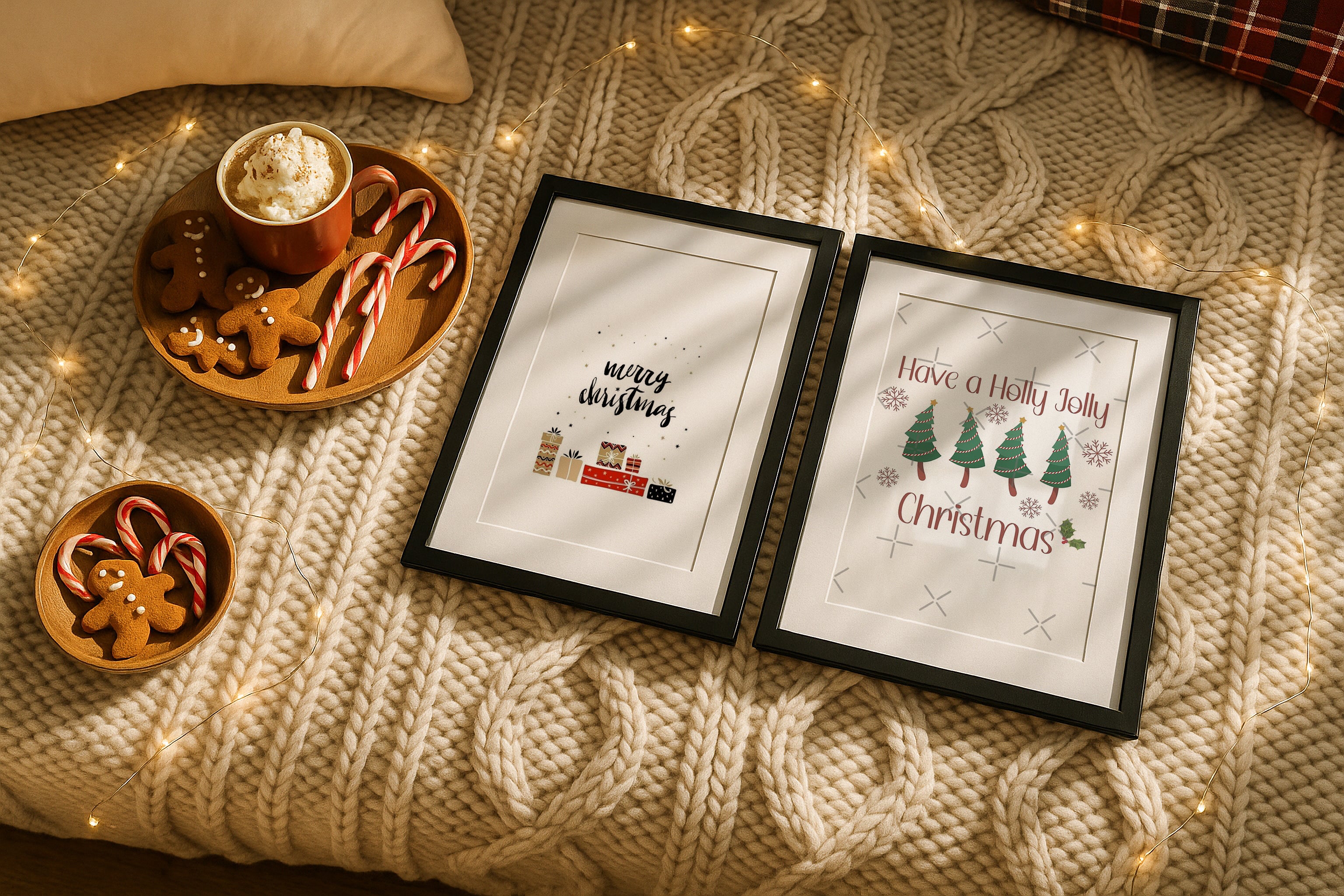 Two black picture frames on a chunky knit blanket styled with Christmas gingerbread cookies, candy canes, fairy lights, and hot cocoa for a festive holiday scene.
