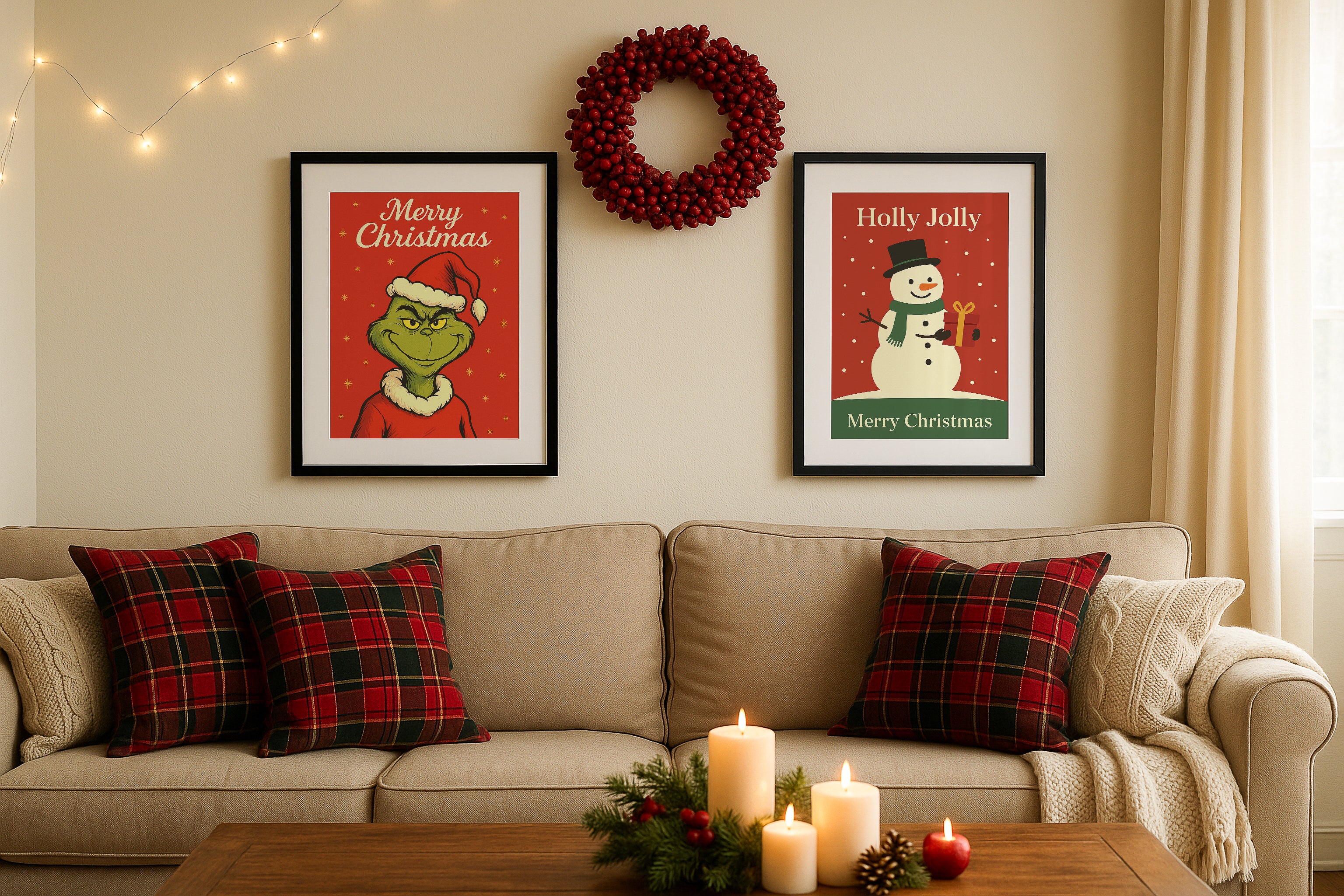 Christmas wall art mockup with two black frames above beige sofa, plaid pillows, red wreath, festive candles and holiday home decor scene