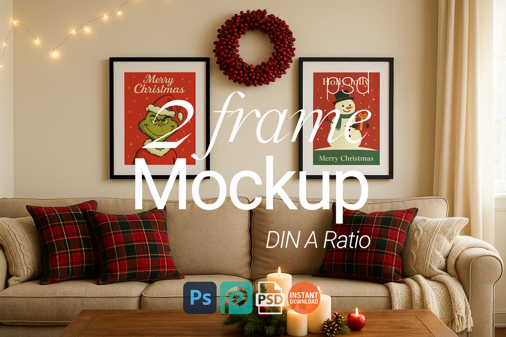 Christmas wall art mockup with two black frames above beige sofa, plaid pillows, red wreath, festive candles and holiday home decor scene