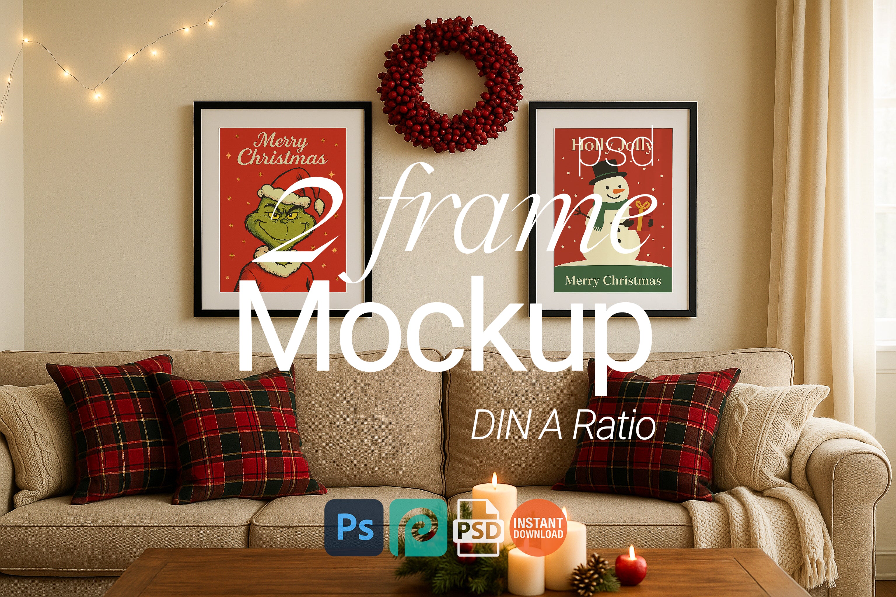 Christmas wall art mockup with two black frames above beige sofa, plaid pillows, red wreath, festive candles and holiday home decor scene