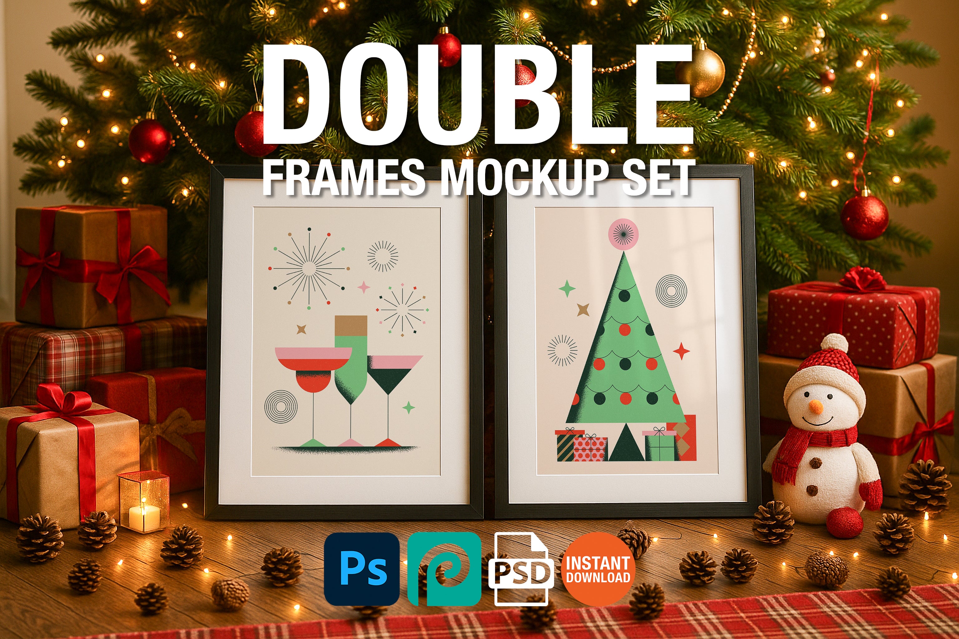 Two black frames Christmas mockup under decorated tree with lights, gifts, pinecones, and snowman plush toy for festive holiday wall art or print display