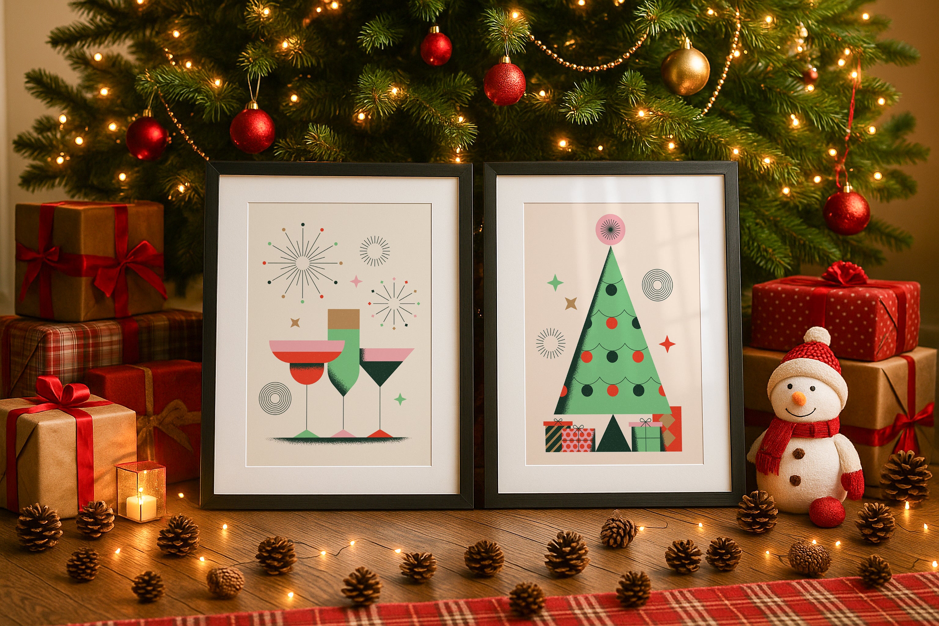 Two black frames Christmas mockup under decorated tree with lights, gifts, pinecones, and snowman plush toy for festive holiday wall art or print display