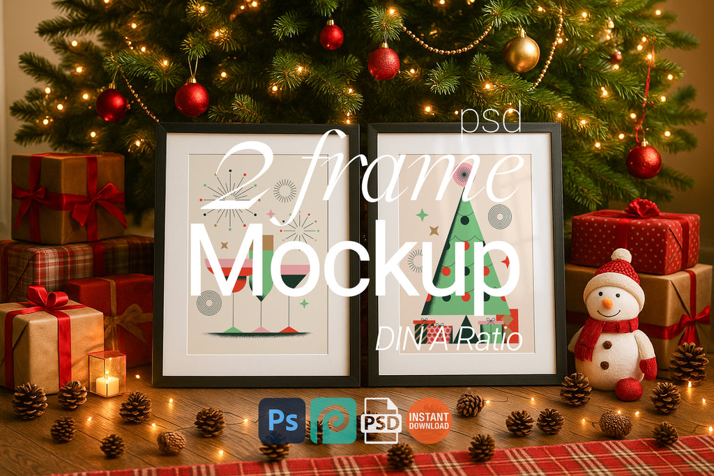 Two black frames Christmas mockup under decorated tree with lights, gifts, pinecones, and snowman plush toy for festive holiday wall art or print display