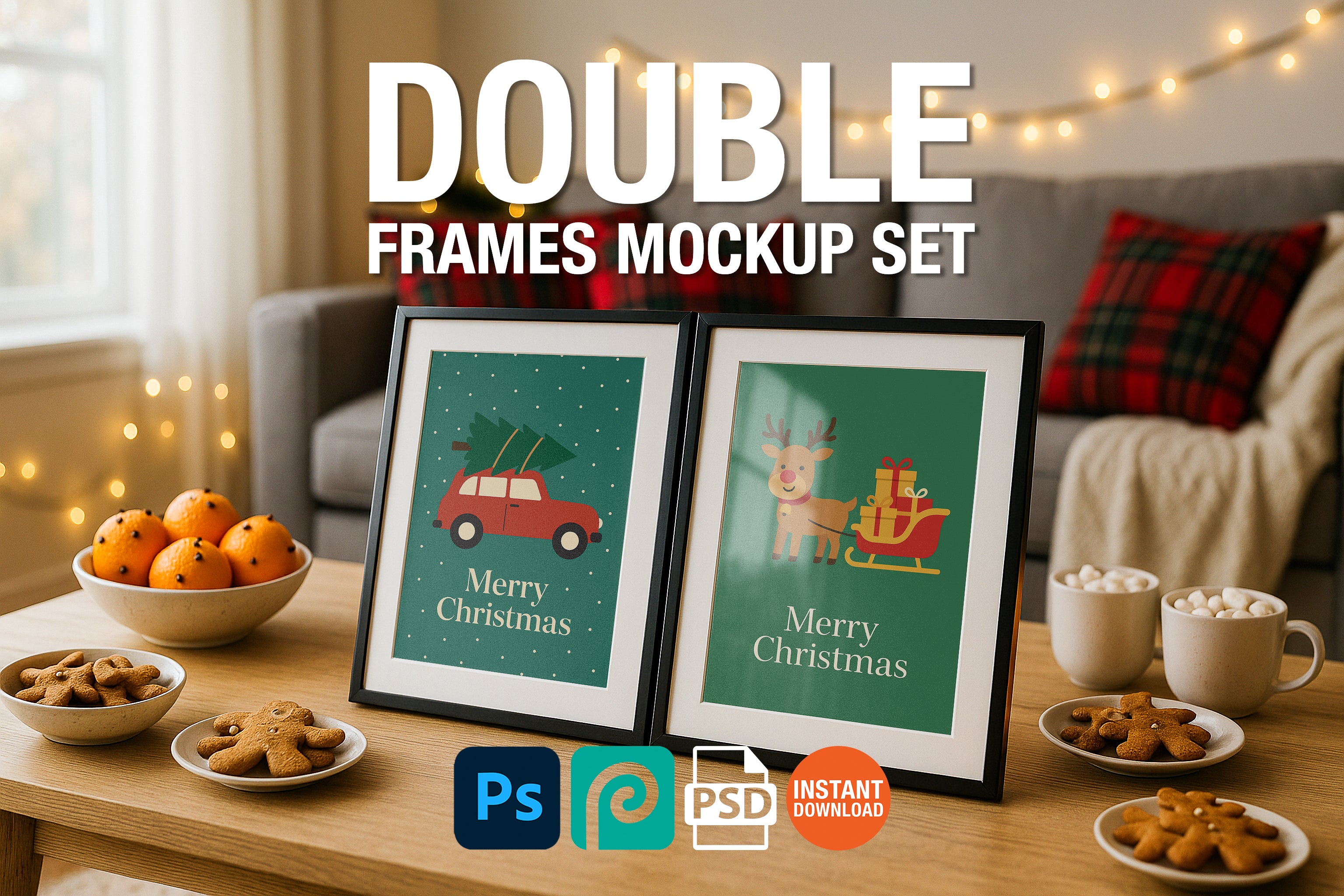 Christmas frame mockup with two black frames on wooden coffee table, festive holiday decor, gingerbread cookies, oranges, mugs of cocoa, and plaid pillows with string lights in cozy living room.