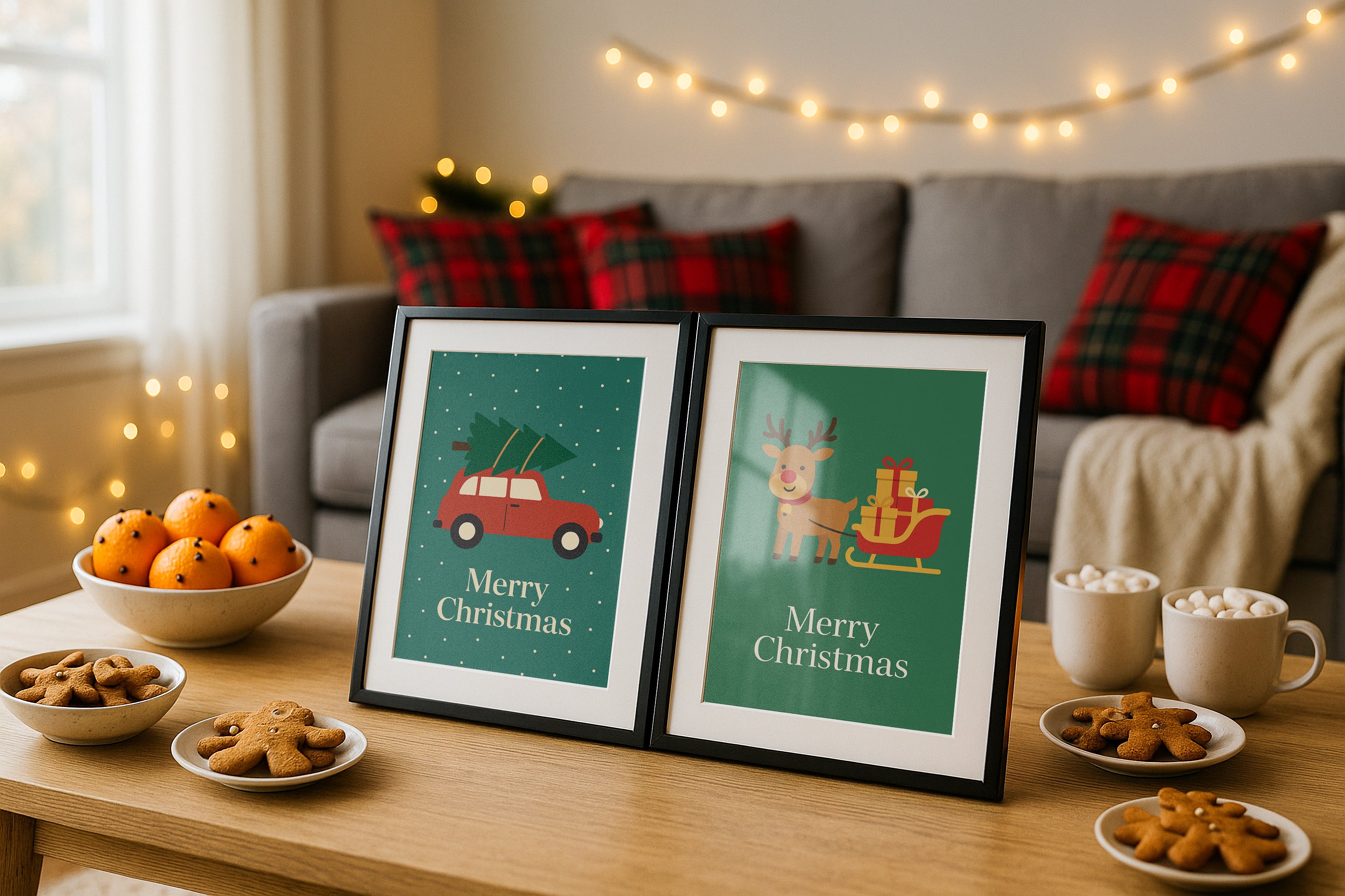 Christmas frame mockup with two black frames on wooden coffee table, festive holiday decor, gingerbread cookies, oranges, mugs of cocoa, and plaid pillows with string lights in cozy living room.