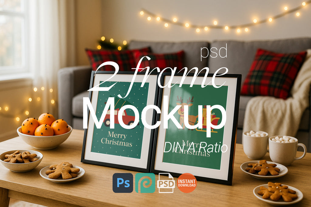 Christmas frame mockup with two black frames on wooden coffee table, festive holiday decor, gingerbread cookies, oranges, mugs of cocoa, and plaid pillows with string lights in cozy living room.