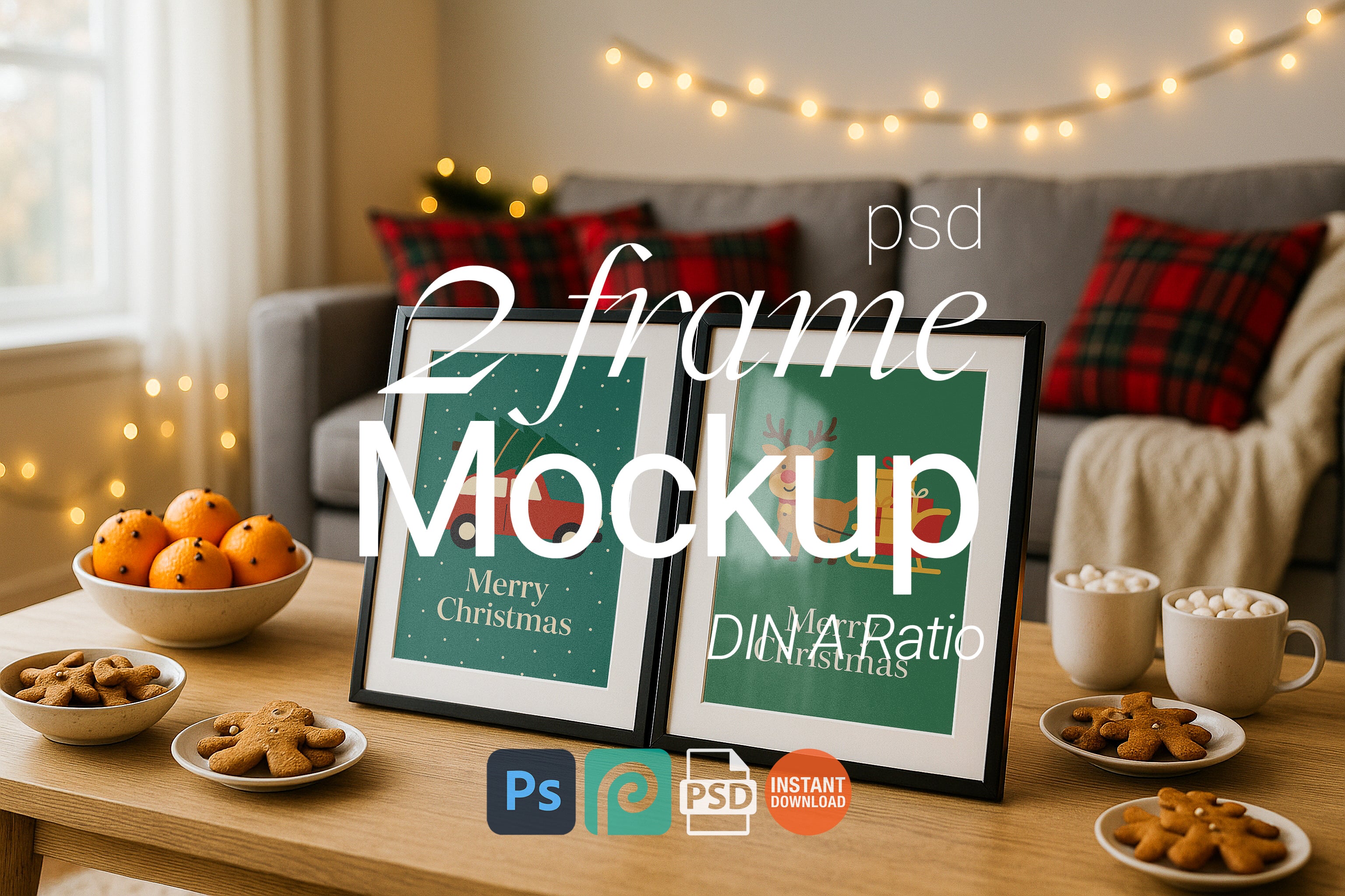 Christmas frame mockup with two black frames on wooden coffee table, festive holiday decor, gingerbread cookies, oranges, mugs of cocoa, and plaid pillows with string lights in cozy living room.