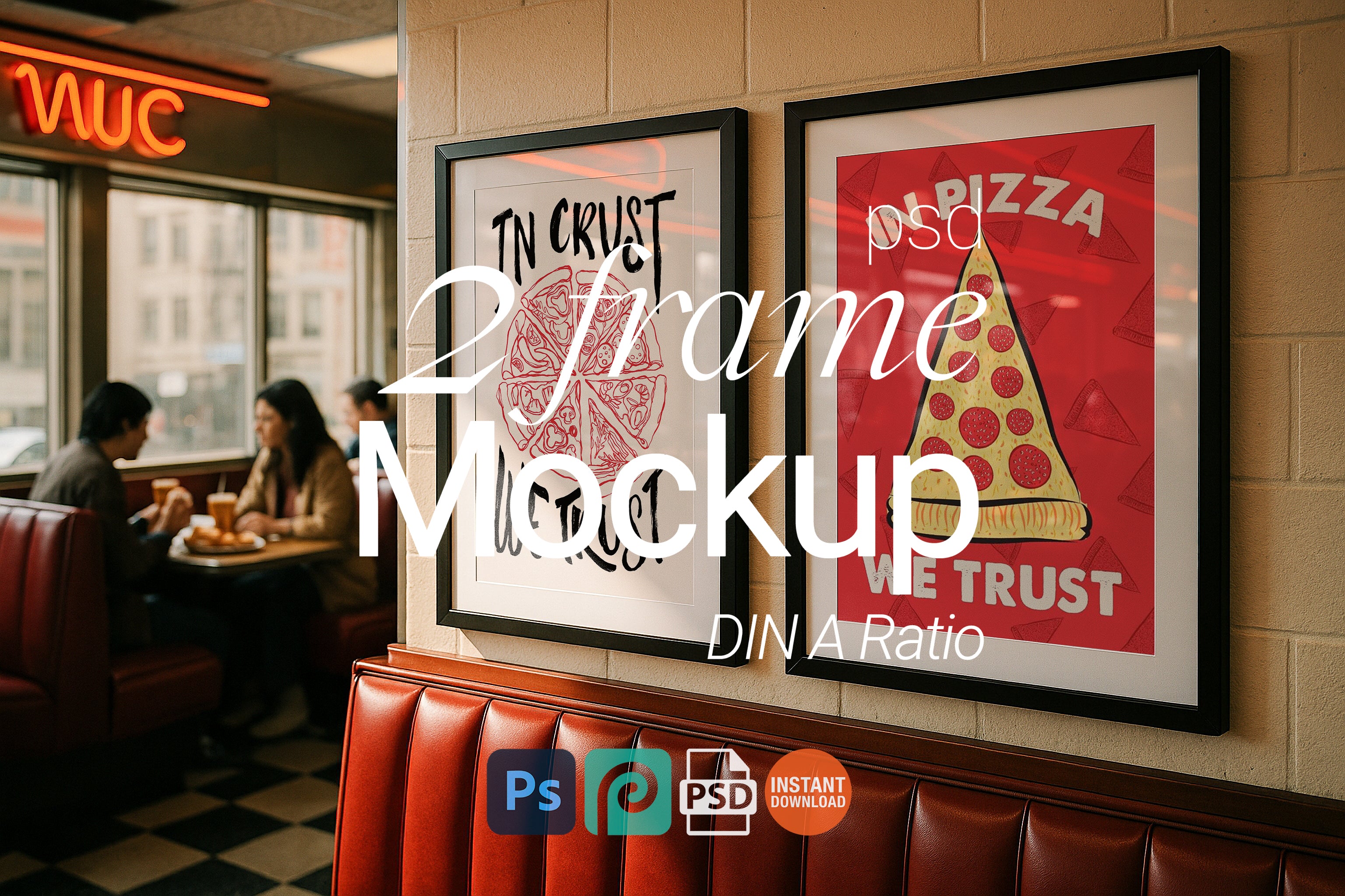 2 Frame Mockup Retro Diner Poster Display Double Black Wall Art PSD Digital