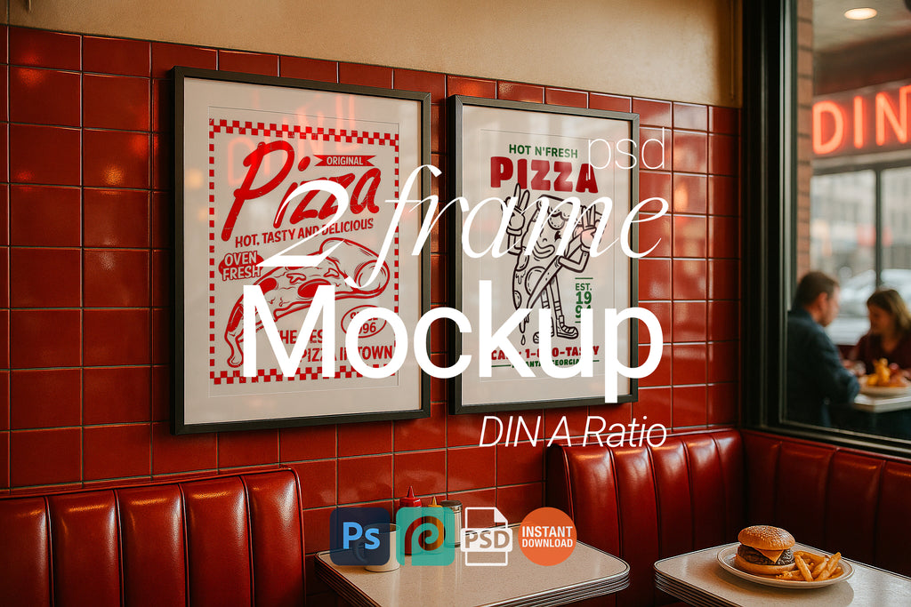 Double Frame Mockup Retro Diner Poster Display Vintage Restaurant Wall Art PSD Digital Download