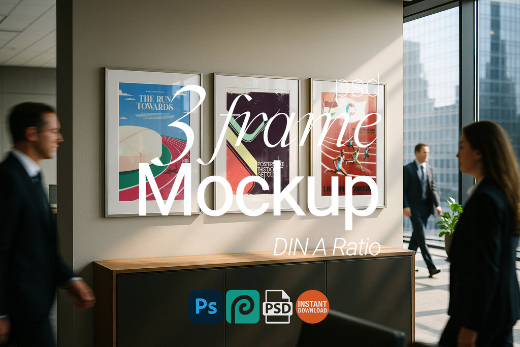 3 Frame Mockup Corporate Office Modern Triple Wall Art Business Interior PSD Digital Download