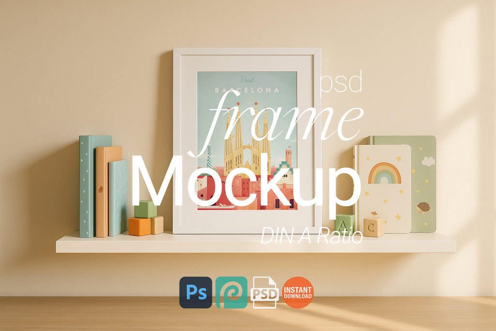 Nursery Room Book Shelve White Frame Mockup Kids Wall Art Digital Poster PSD Download