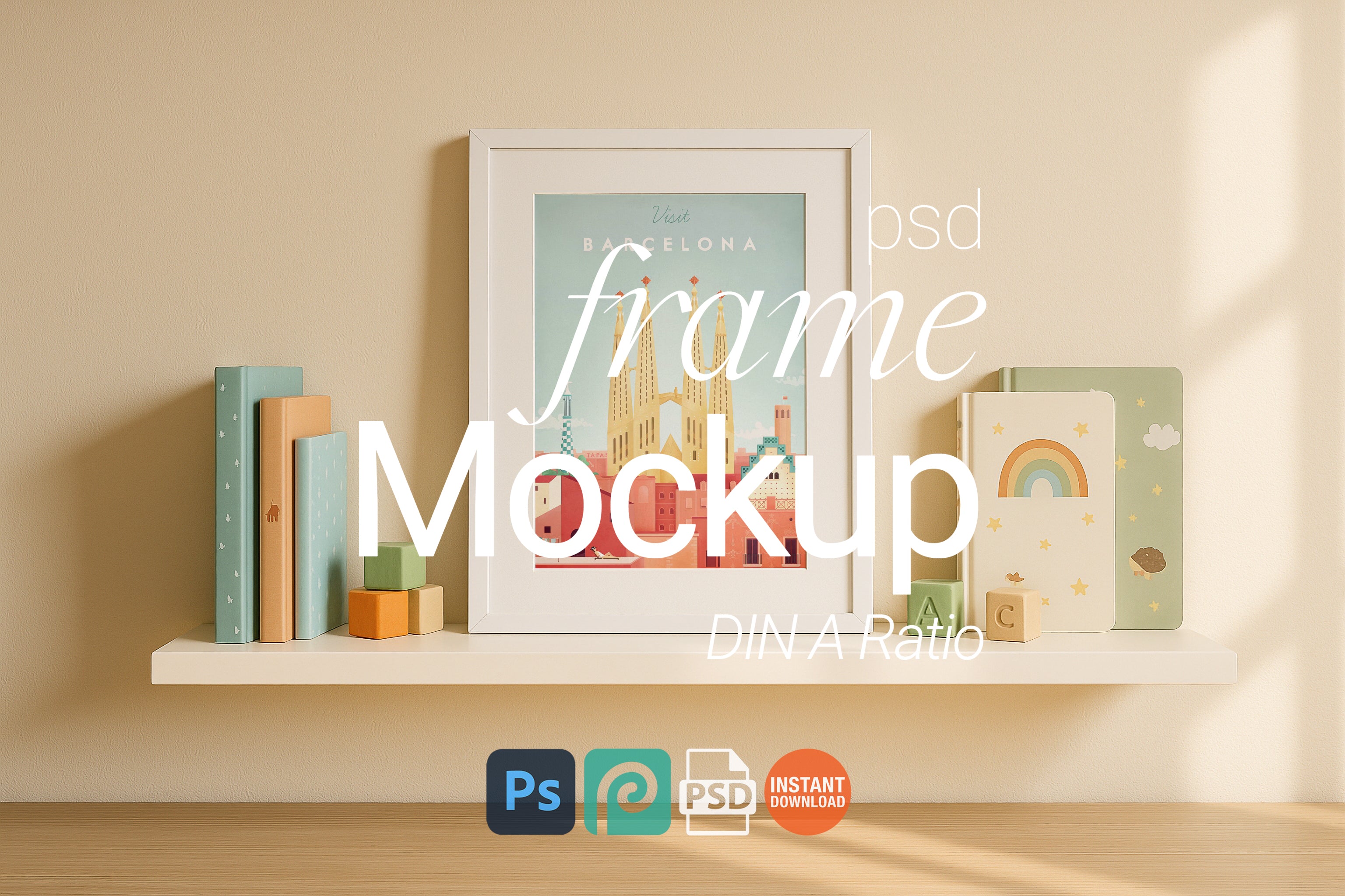 Nursery Room Book Shelve White Frame Mockup Kids Wall Art Digital Poster PSD Download