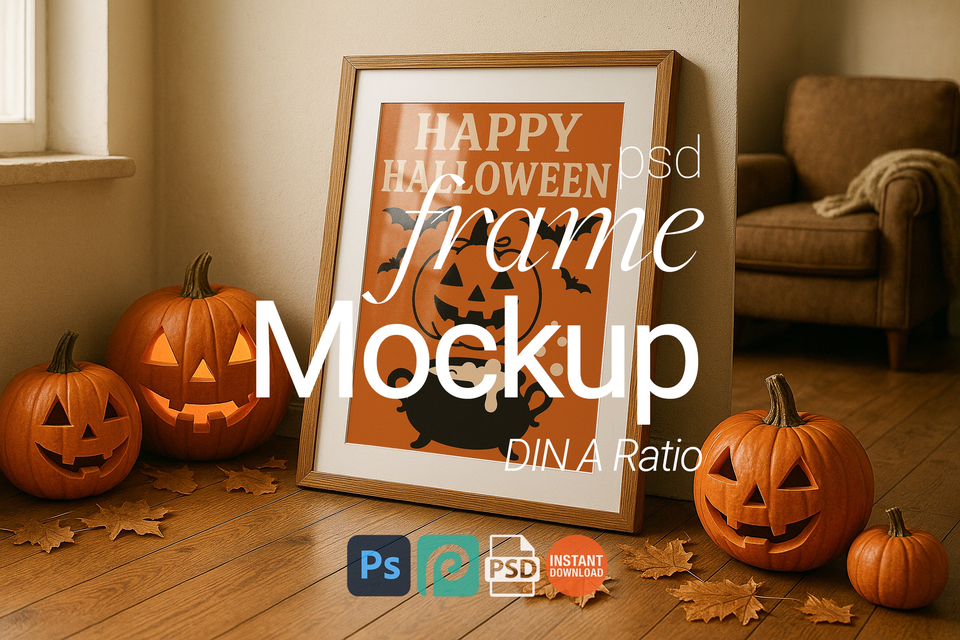 Halloween Single Frame Mockup Festive Wall Art Digital Poster PSD Template