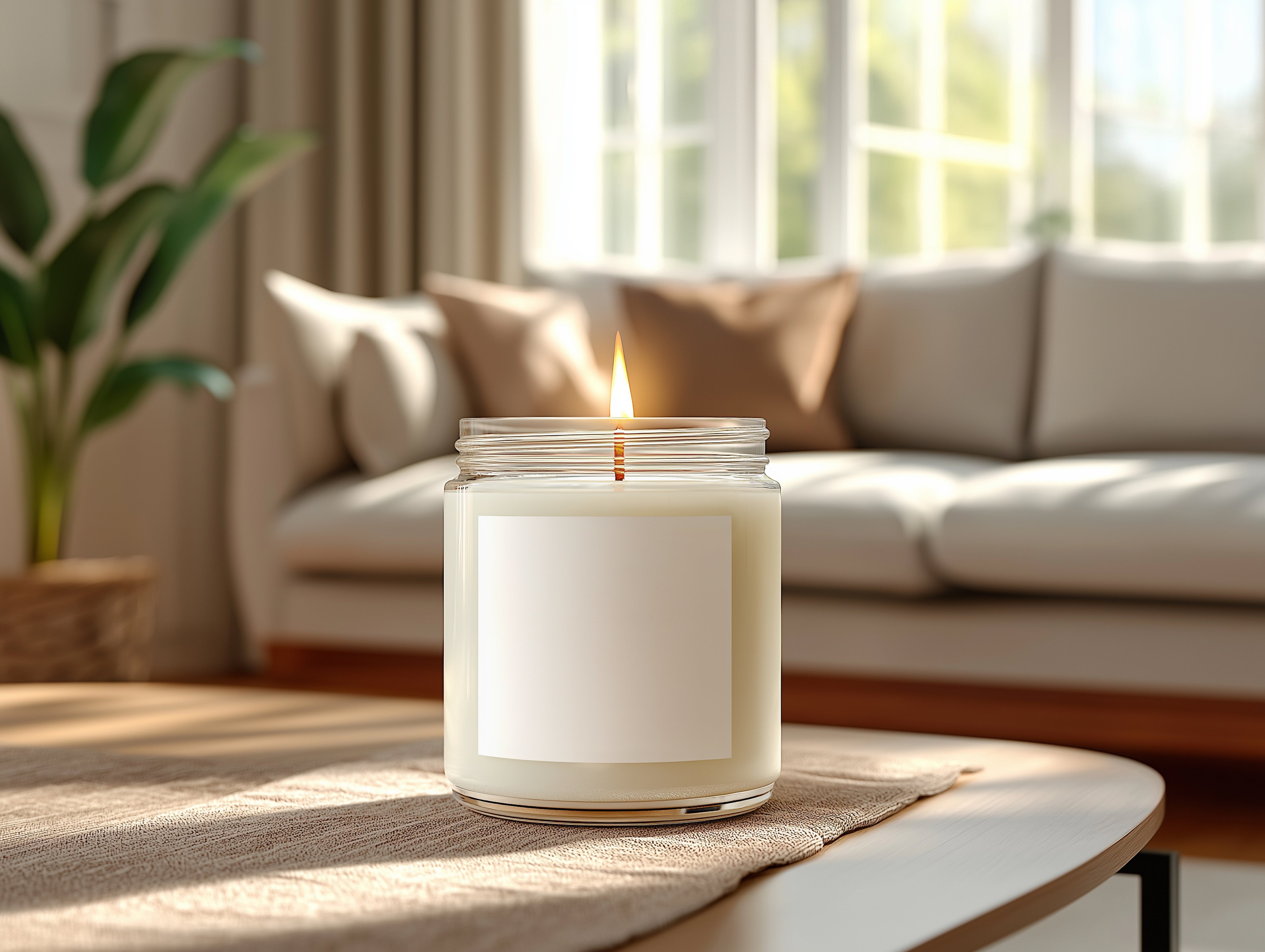 clear glass jar candle mockup with blank label burning on wooden coffee table in cozy living room natural light home decor photography for Etsy branding