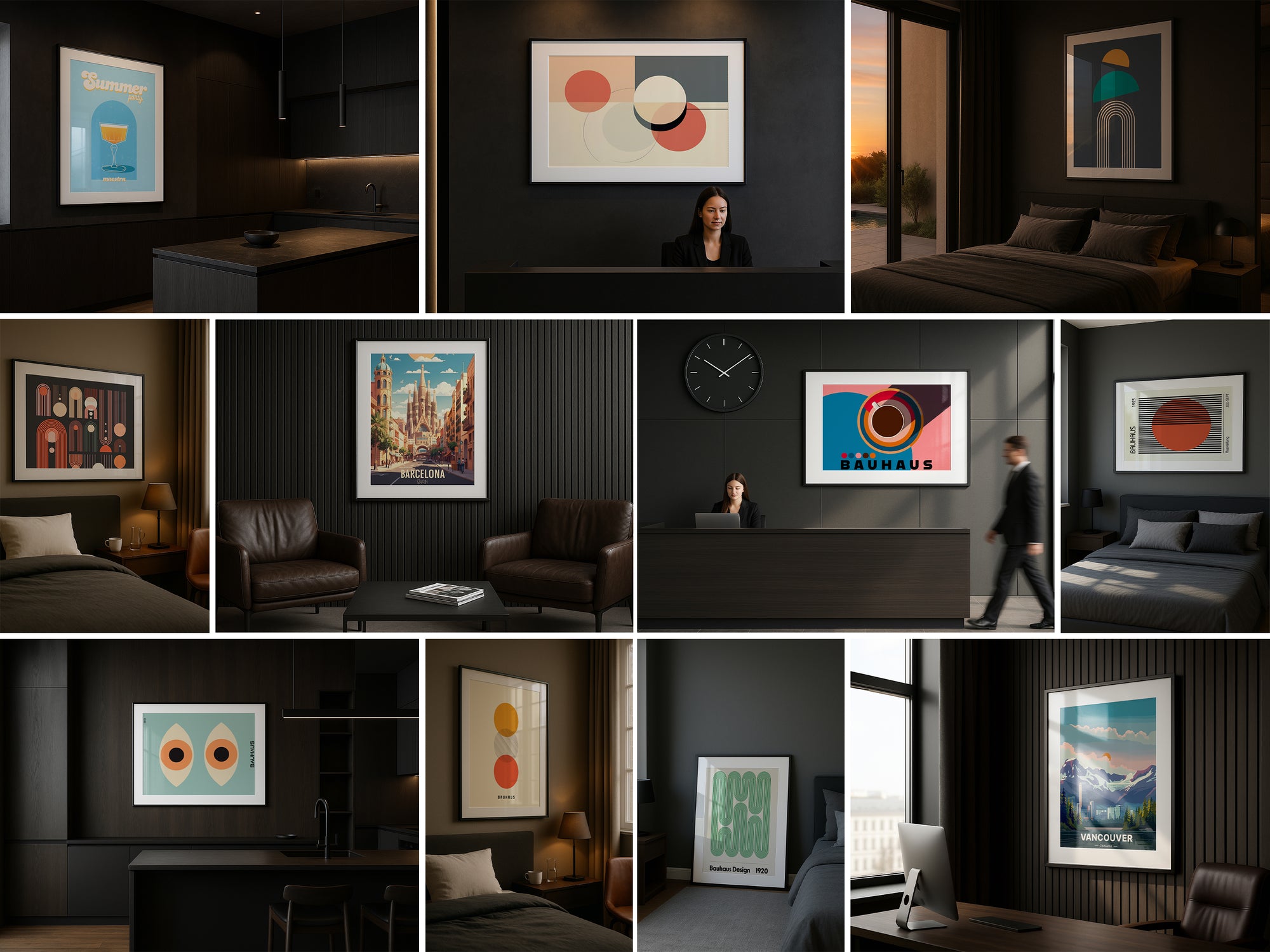 Collage of modern frame mockups displaying wall art in stylish dark interiors including bedrooms, offices, and kitchens, ideal for showcasing artwork