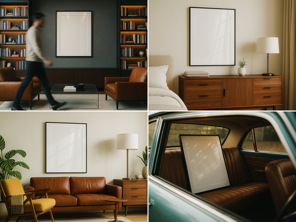 Collage of a living room with a brown sofa, bookshelf, and framed picture, a bedroom with a dresser and lamp, a car interior with a framed picture, and a person walking in a room.