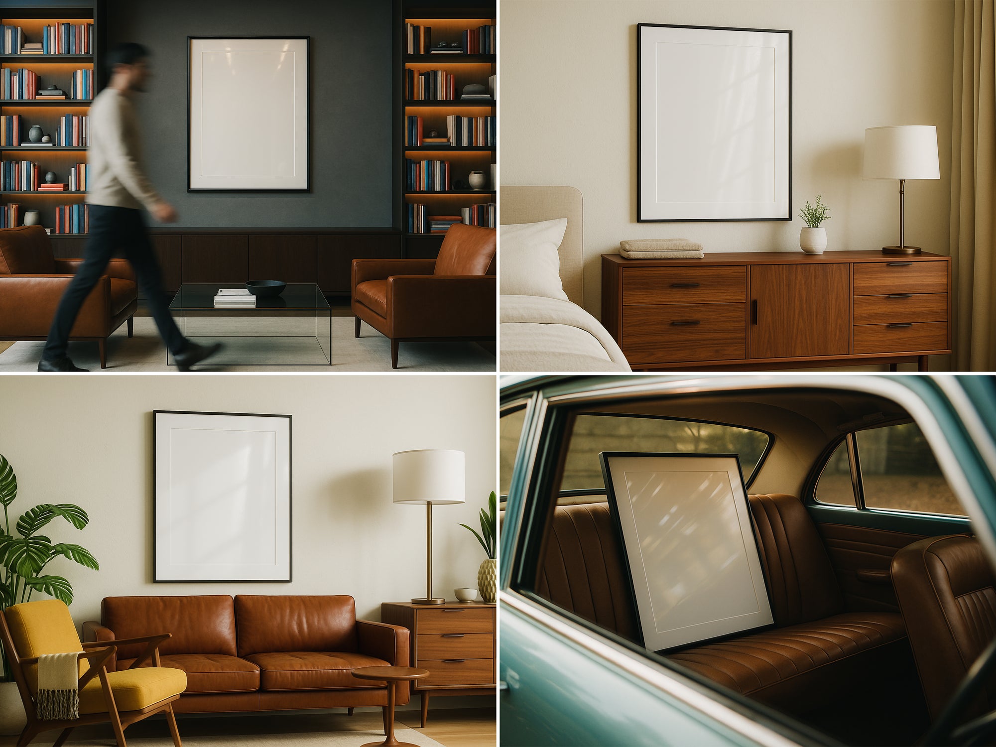 Collage of a living room with a brown sofa, bookshelf, and framed picture, a bedroom with a dresser and lamp, a car interior with a framed picture, and a person walking in a room.