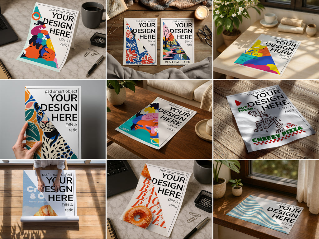 DIN A Ratio poster mockup bundle in various home scenes, PSD templates for wall art, digital prints, and artwork display, ideal for Etsy and graphic design