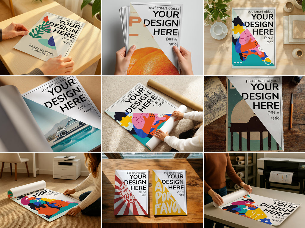 DIN A Ratio poster mockup bundle in various home scenes, PSD templates for wall art, digital prints, and artwork display, ideal for Etsy and graphic design
