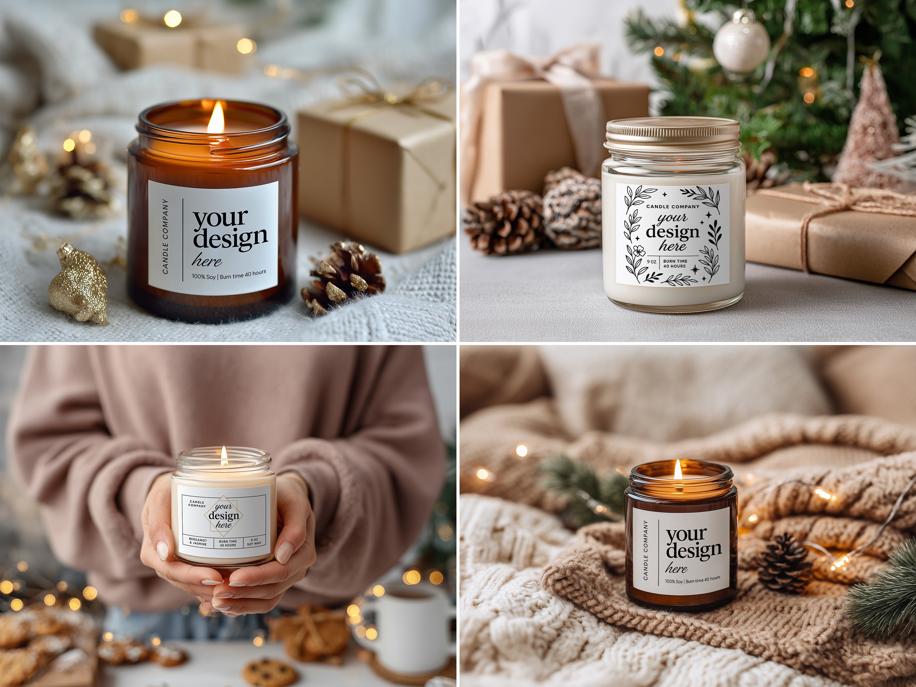Christmas Candle Mockup PSD Bundle Amber Jar Printify Label Templates