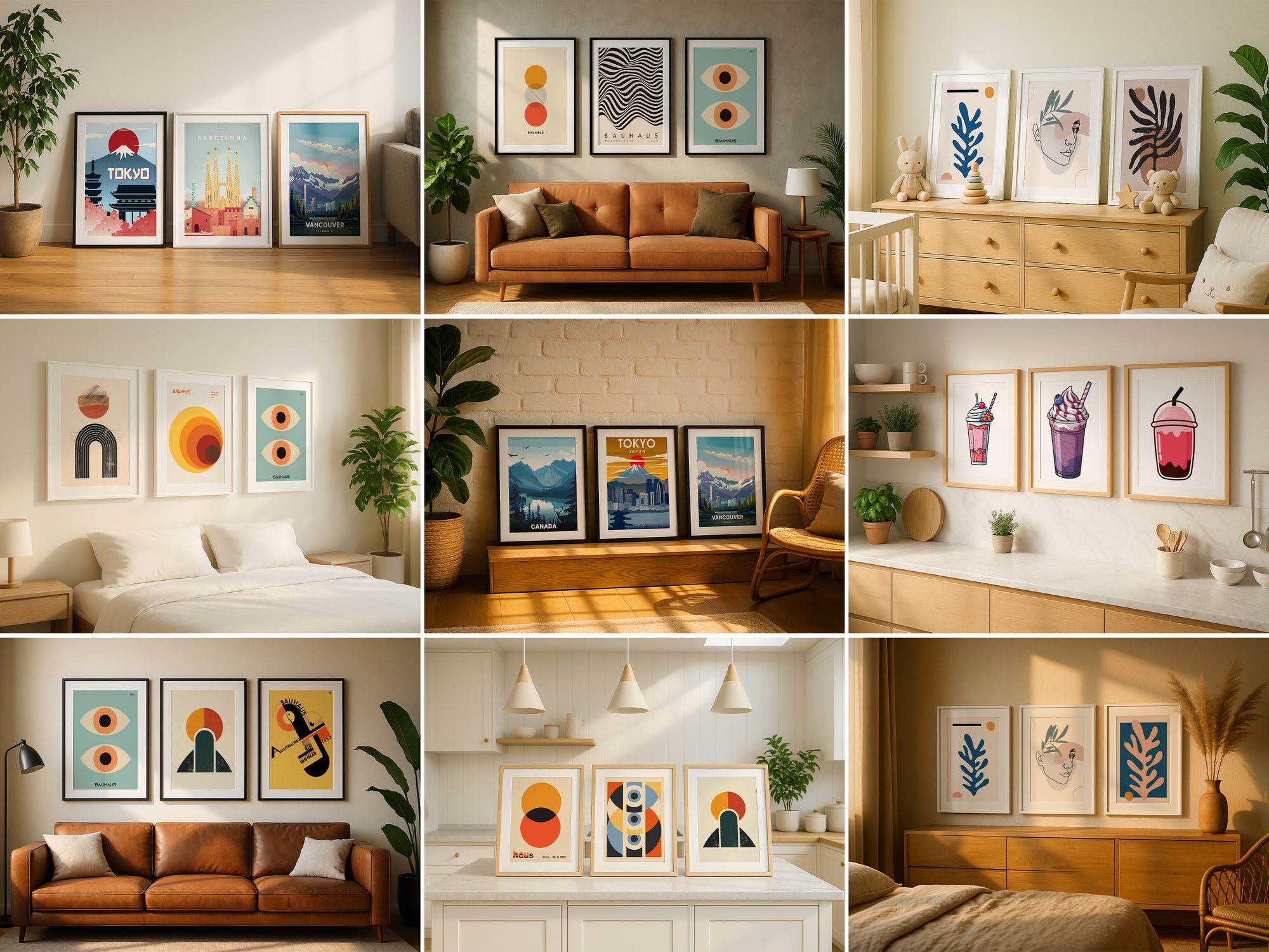 Collage of triple frame mockup design scenes