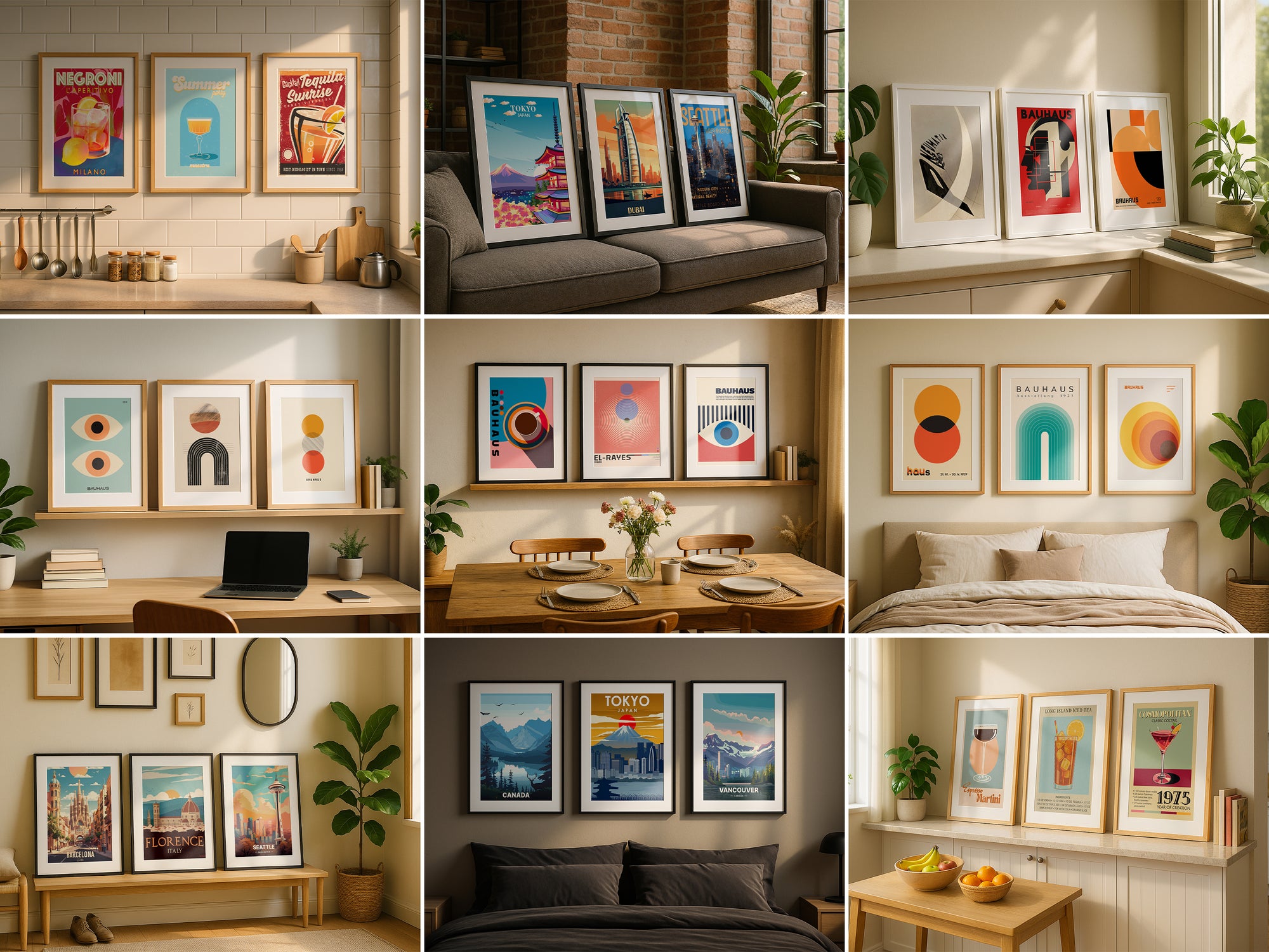 Collage of triple frame mockup design scenes