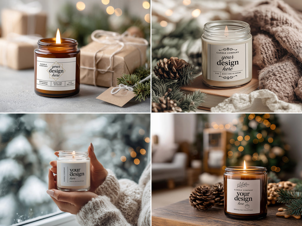 Christmas Candle Mockup PSD Bundle Amber Jar Printify Label Templates