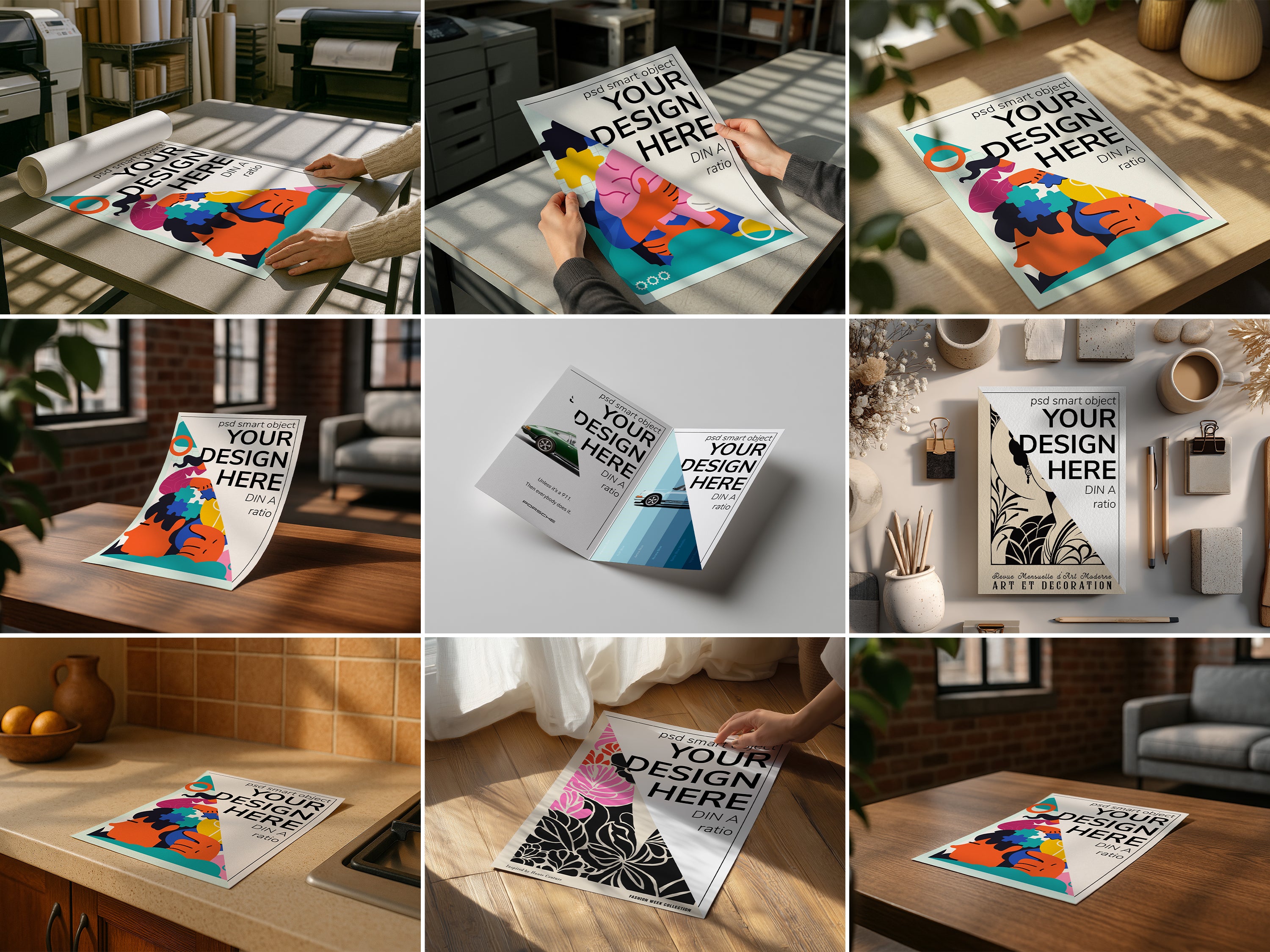 DIN A Ratio poster mockup bundle in various home scenes, PSD templates for wall art, digital prints, and artwork display, ideal for Etsy and graphic design