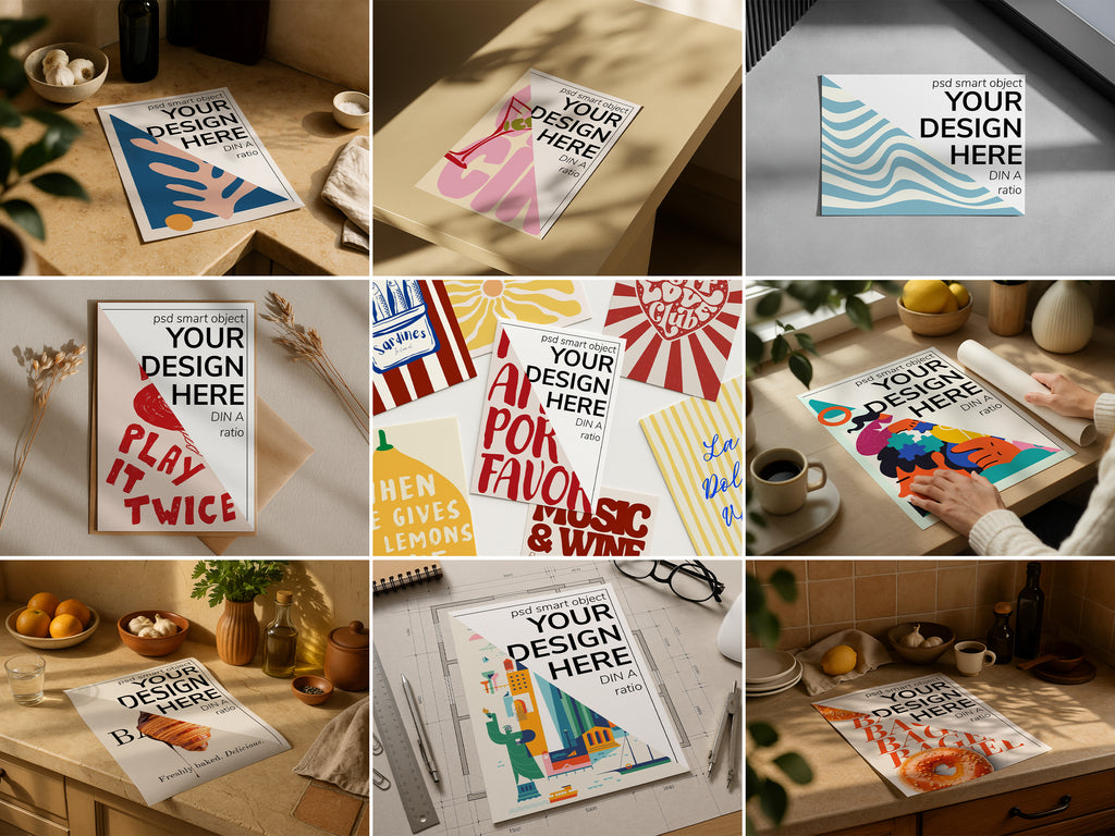 DIN A Ratio poster mockup bundle in various home scenes, PSD templates for wall art, digital prints, and artwork display, ideal for Etsy and graphic design