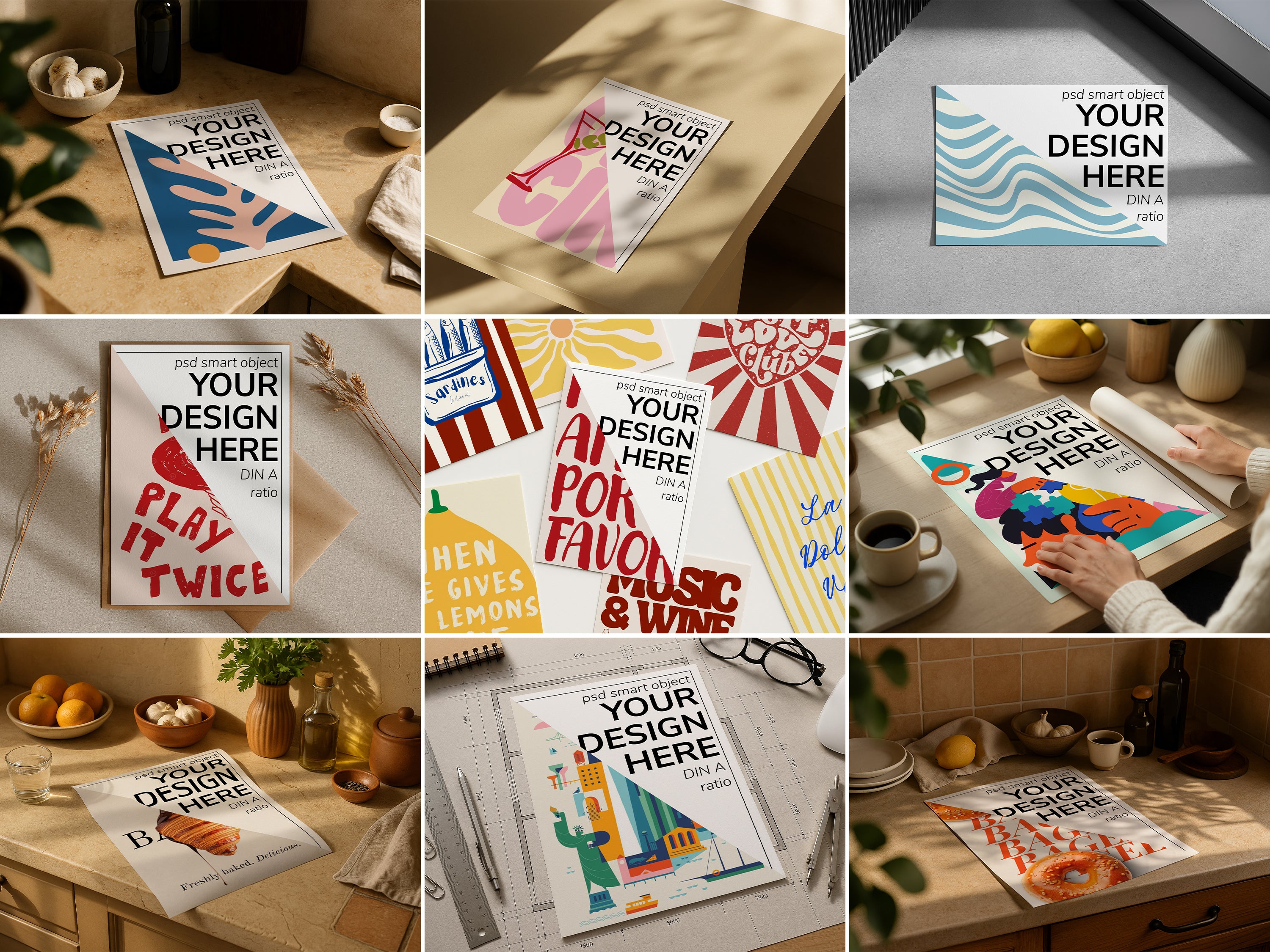DIN A Ratio poster mockup bundle in various home scenes, PSD templates for wall art, digital prints, and artwork display, ideal for Etsy and graphic design