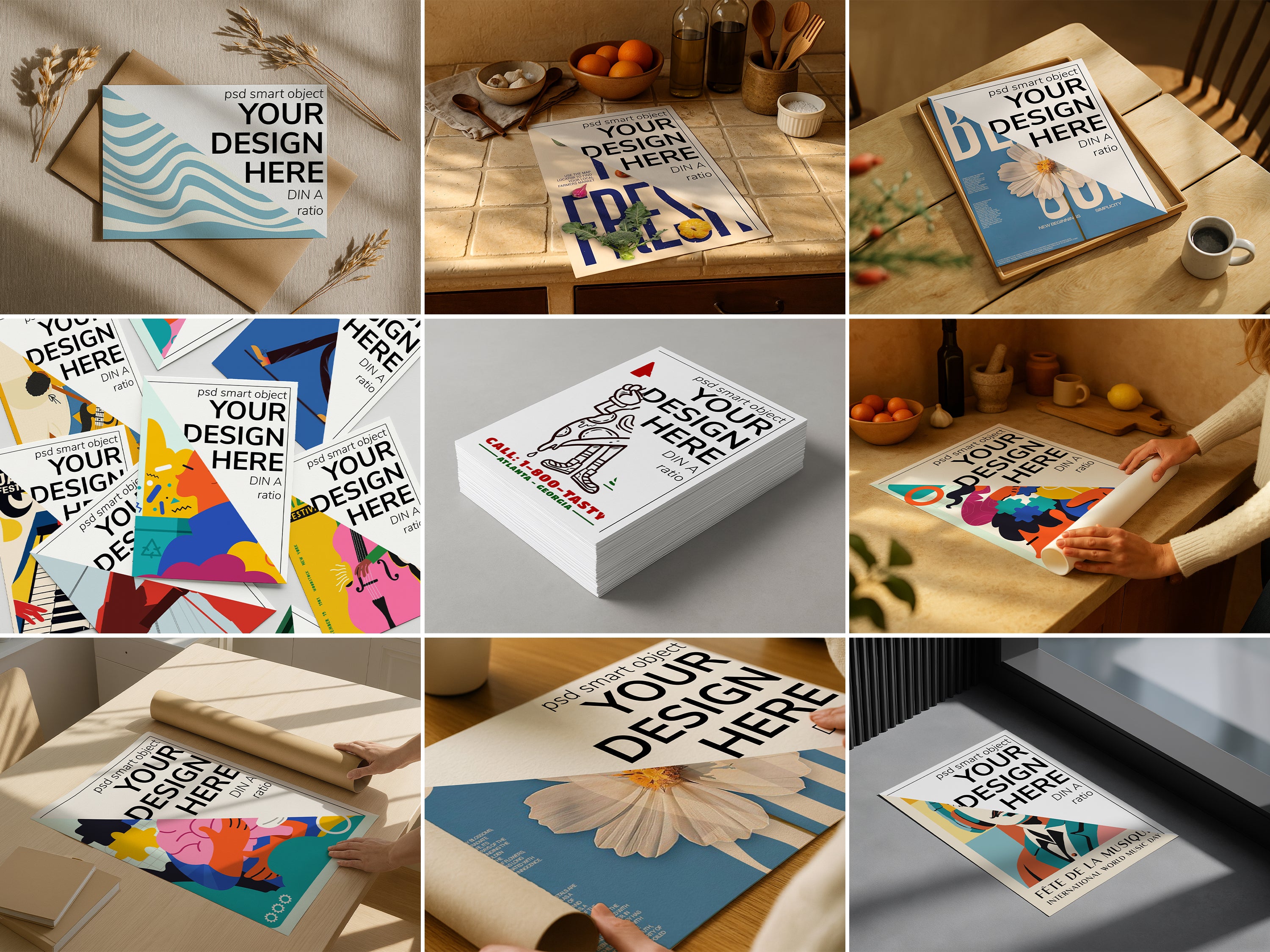 DIN A Ratio poster mockup bundle in various home scenes, PSD templates for wall art, digital prints, and artwork display, ideal for Etsy and graphic design