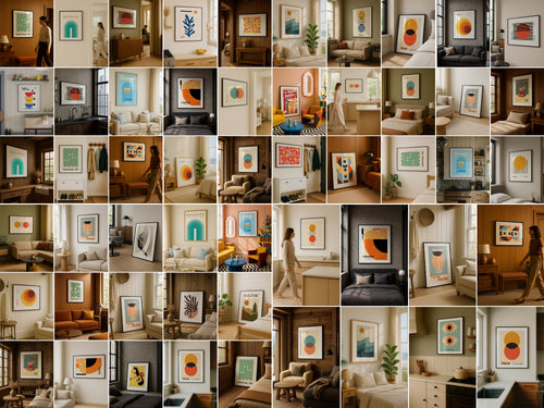 Collage of vertical frame mockup designs in various realistic scenes