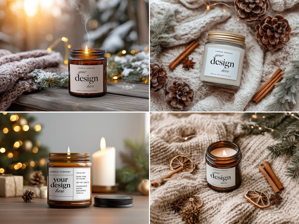 Christmas Candle Mockup PSD Bundle Amber Jar Printify Label Templates