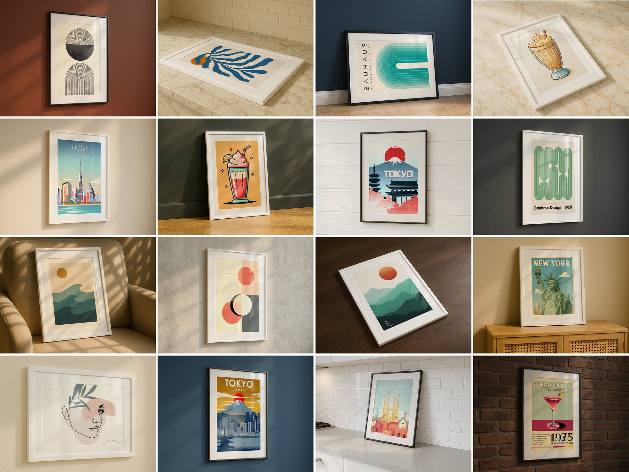 Collage of frame mockups featuring wall art in various angles and surfaces including leaning, hanging, and tabletop displays in natural indoor lighting