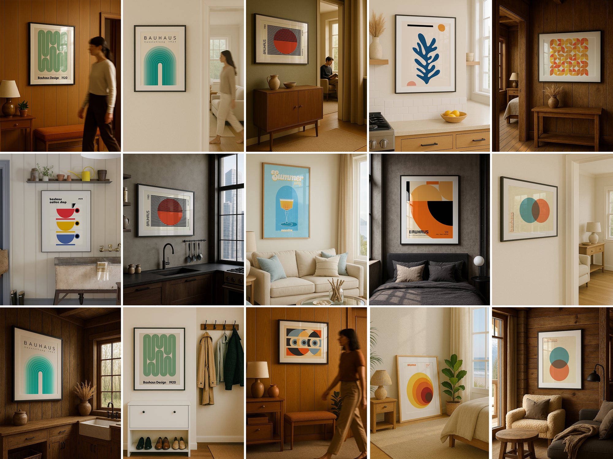 Grid of frame mockups showcasing wall art in cozy home interiors, including kitchens, bedrooms, entryways, and living rooms with warm natural lighting