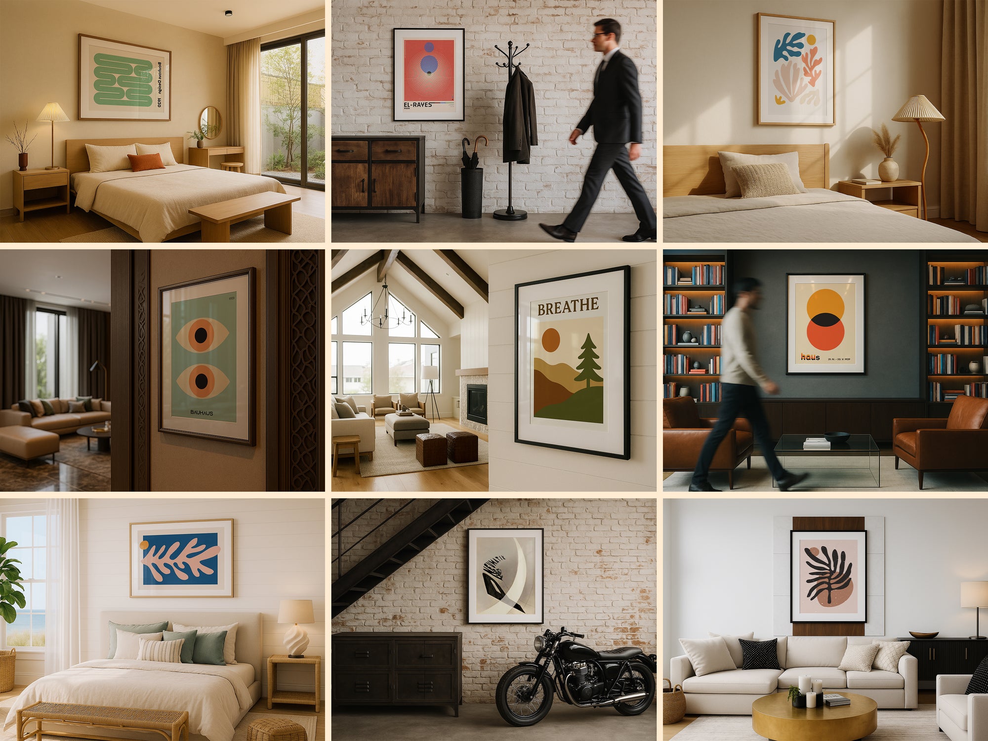 Grid display of 40 frame mockups featuring wall art in various interior design styles including boho, minimalist, and rustic settings