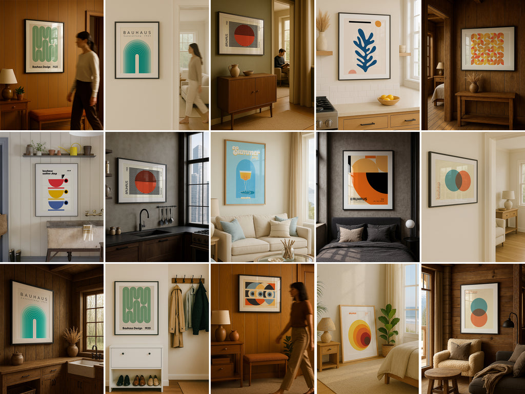 Grid of frame mockups showcasing wall art in cozy home interiors, including kitchens, bedrooms, entryways, and living rooms with warm natural lighting