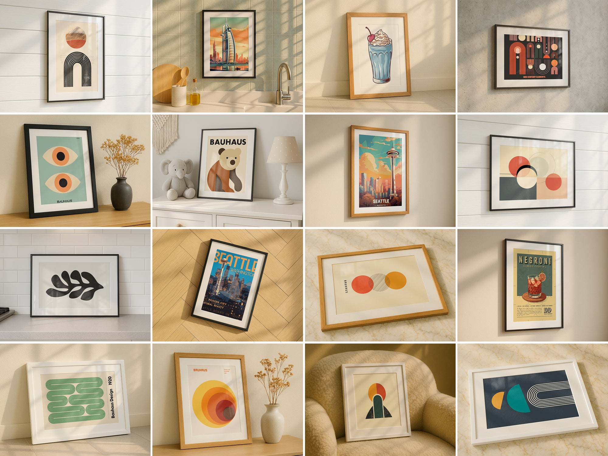Collage of frame mockups featuring wall art in various angles and surfaces including leaning, hanging, and tabletop displays in natural indoor lighting