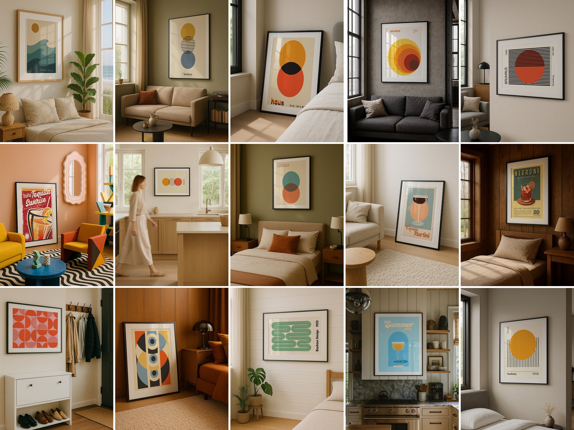 Grid of frame mockups showcasing wall art in cozy home interiors, including kitchens, bedrooms, entryways, and living rooms with warm natural lighting