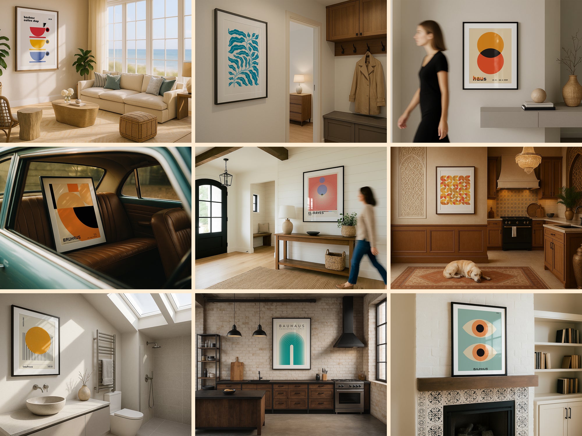 Grid display of 40 frame mockups featuring wall art in various interior design styles including boho, minimalist, and rustic settings