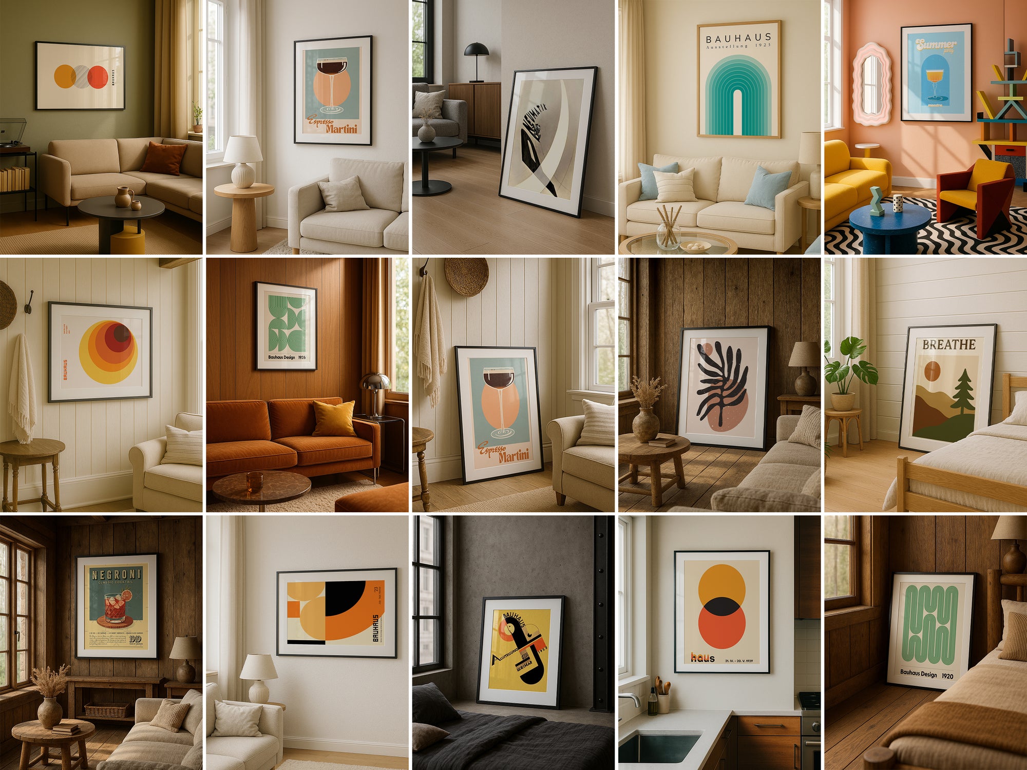 Grid of frame mockups showcasing wall art in cozy home interiors, including kitchens, bedrooms, entryways, and living rooms with warm natural lighting