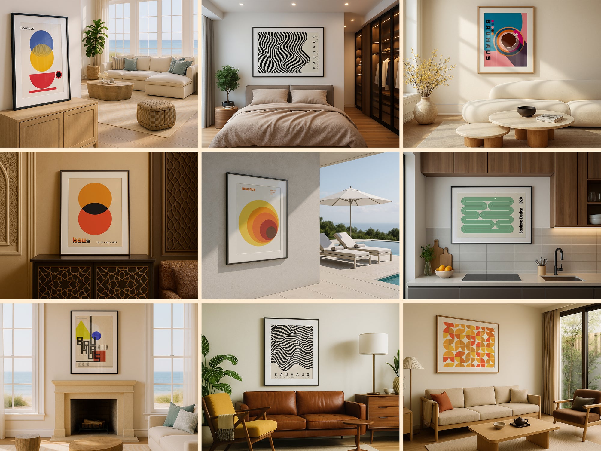 Grid display of 40 frame mockups featuring wall art in various interior design styles including boho, minimalist, and rustic settings