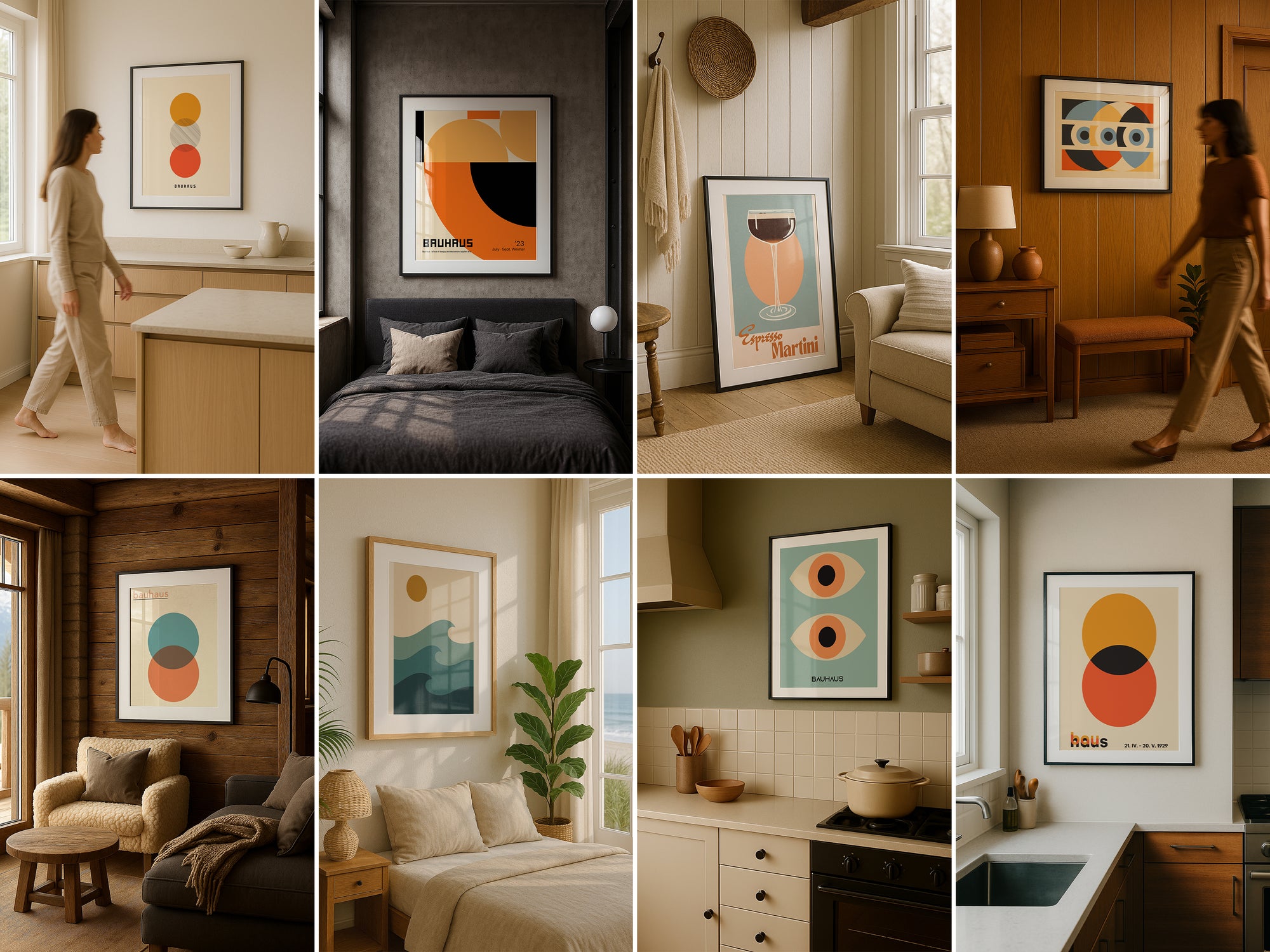 Grid of frame mockups showcasing wall art in cozy home interiors, including kitchens, bedrooms, entryways, and living rooms with warm natural lighting