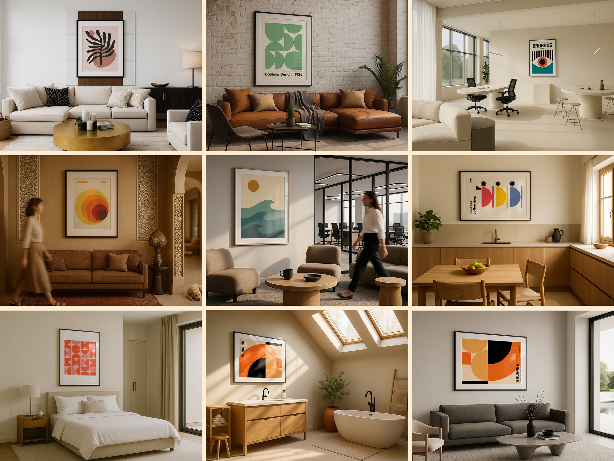 Grid display of 40 frame mockups featuring wall art in various interior design styles including boho, minimalist, and rustic settings