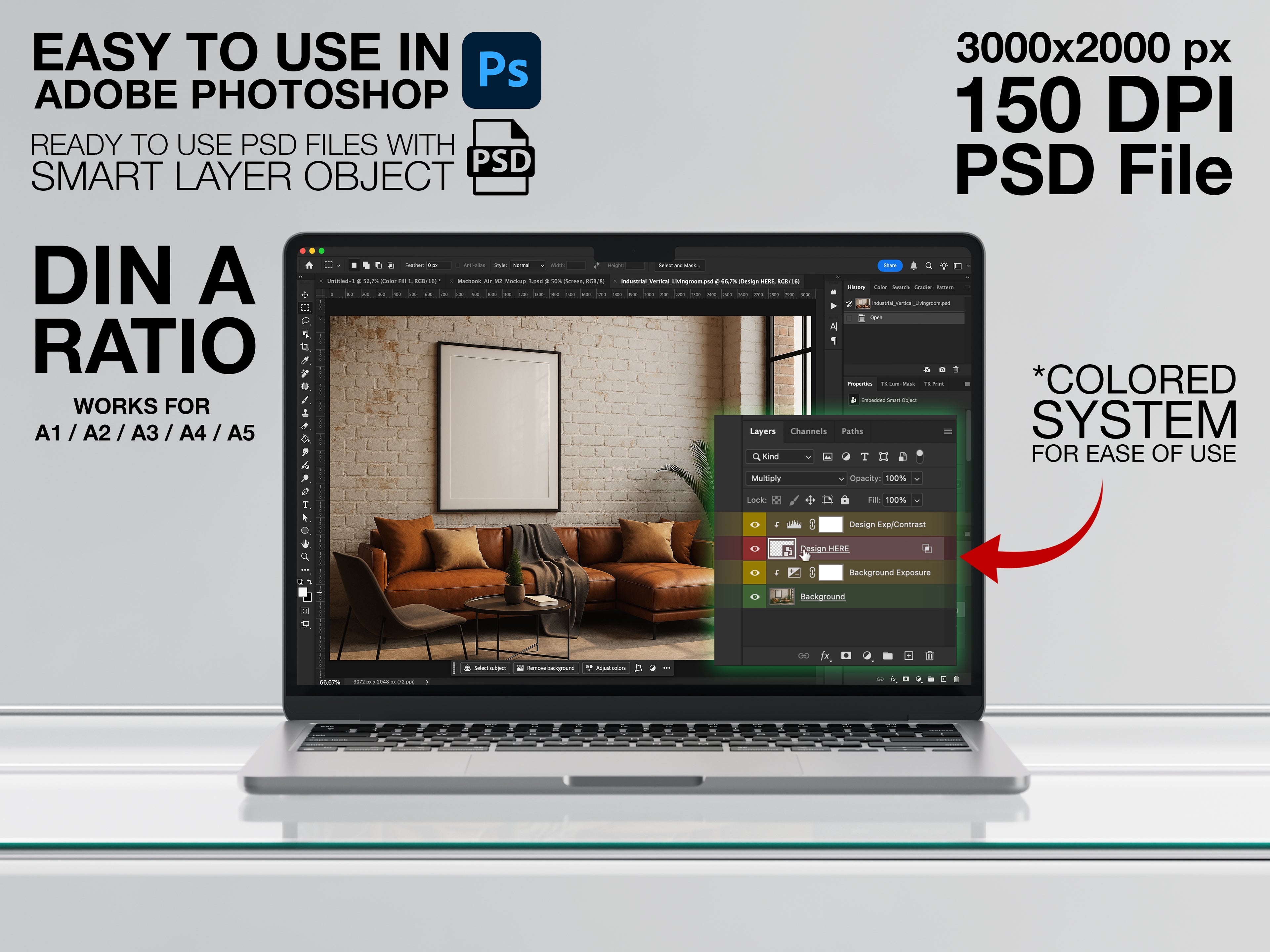 Laptop displaying a design software interface with a living room scene, on a white background with text about file size and resolution.